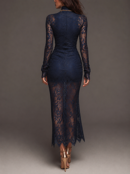 Romantic Bohemian High Neck Long Sleeve Ruched Side High Slit Scalloped Floral Lace Midi Bodycon Dress