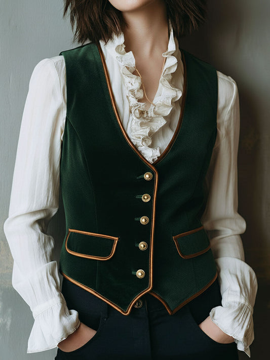 Vintage Victorian Velvet Tailored Vest With Gold Button