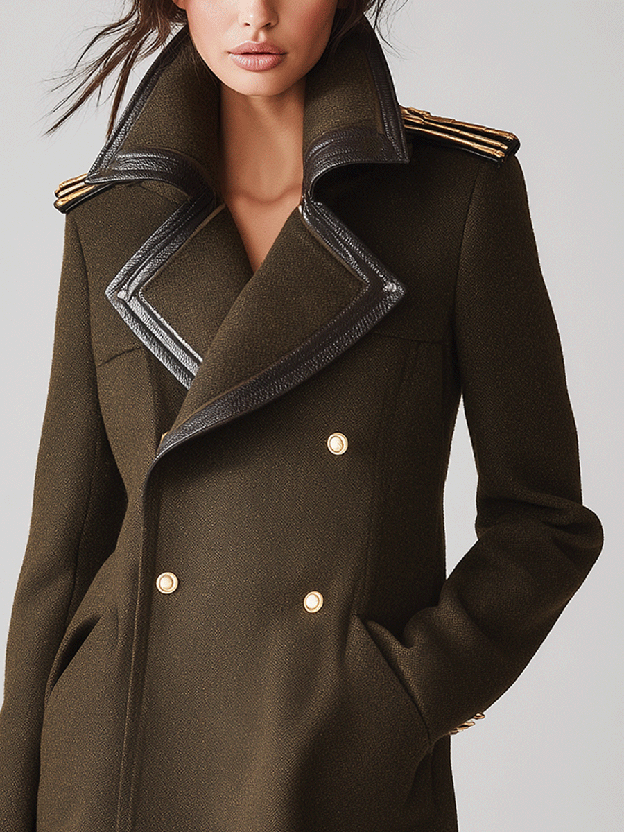 Elegant Olive Green Military-Style Gold Buttons And A Leather Lapel Coat