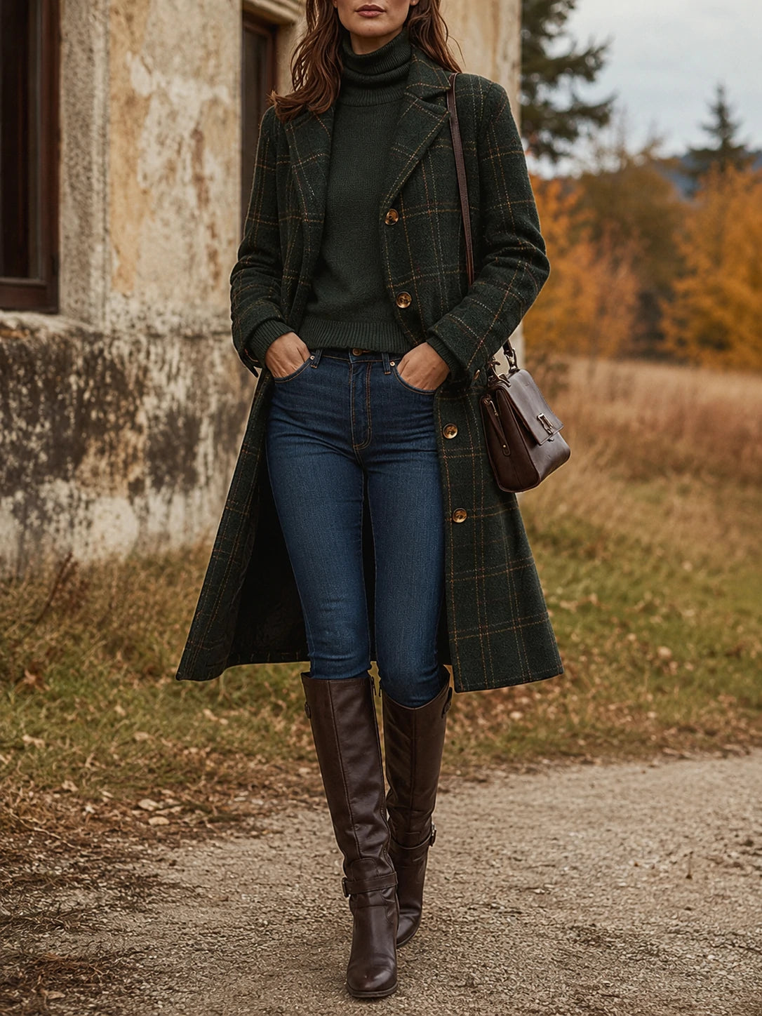 Women's Button Plaid Wool Coat
