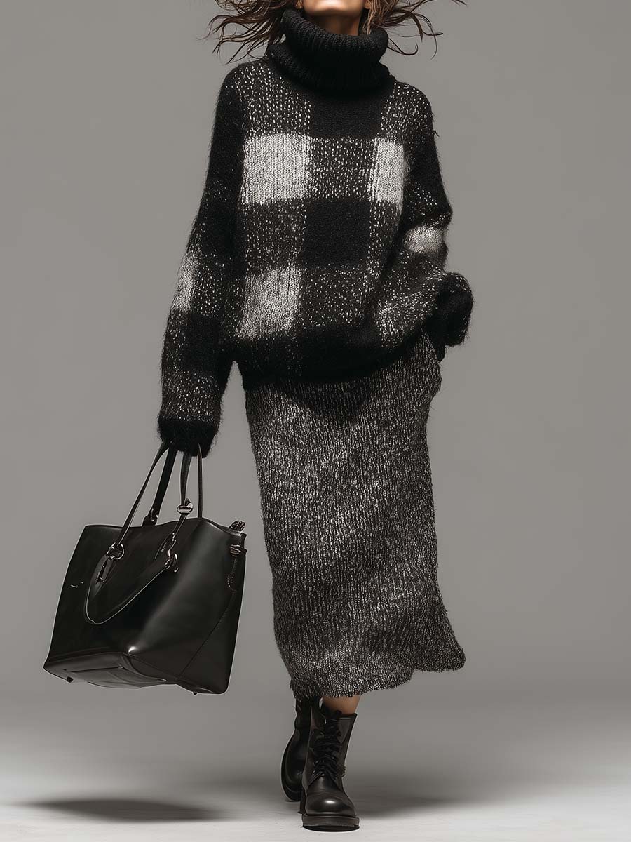 Plaid Turtleneck Knit Sweater & Skirt Set