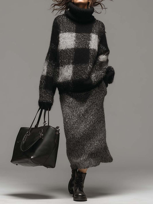 Plaid Turtleneck Knit Sweater & Skirt Set