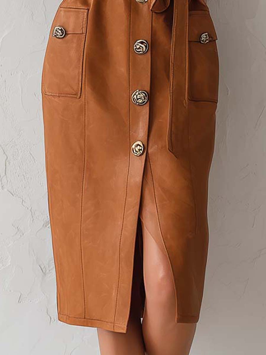 Structured Button Eco-Leather Straight Belted Dress