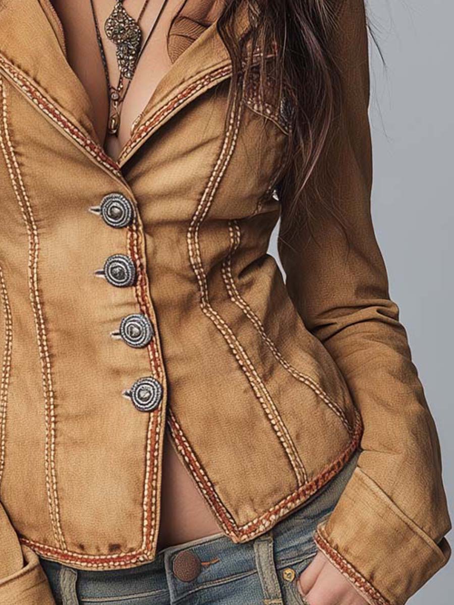 Slim-fit Vintage-style Washed Khaki Denim Jacket