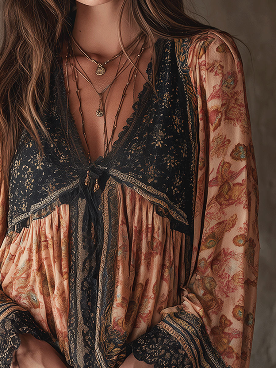 Bohemian Floral Lace Trim Blouse