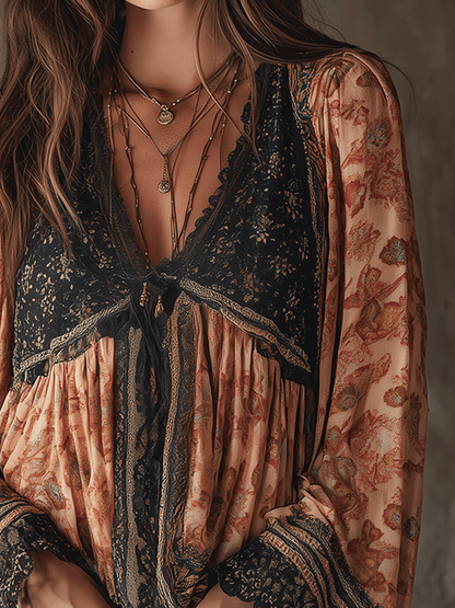 Bohemian Floral Lace Trim Blouse