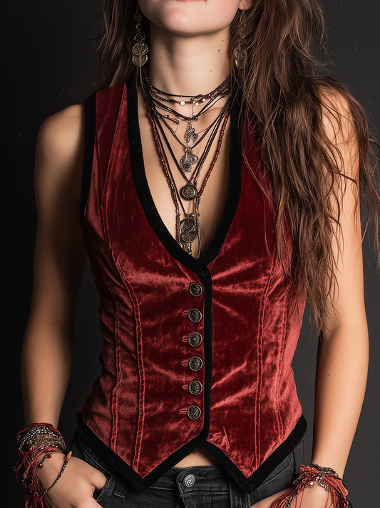 Vintage Contrast Trim Button Velvet Vest