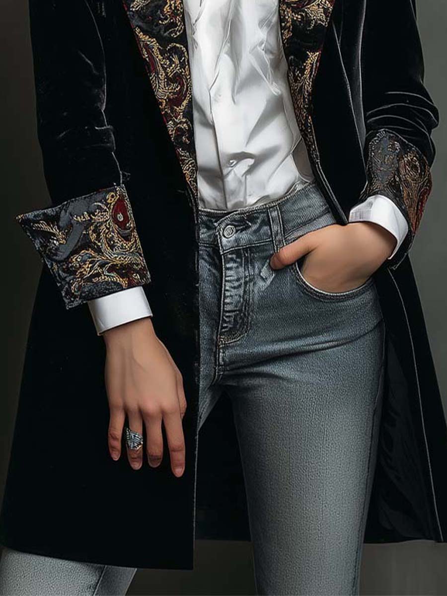 Black Velvet Blazer With Baroque Printed Lapel – Timeless Vintage Luxury