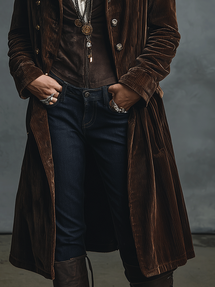 Vintage Brown Velvet Long Hooded Coat