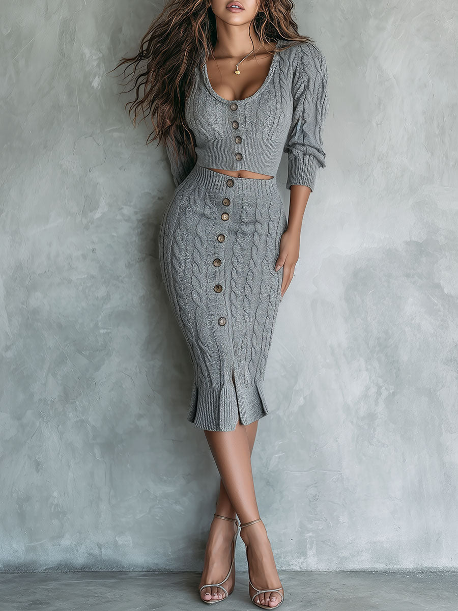 Chic Grey Knit Cropped Cardigan And High-Waist Midi Skirt Two-Piece Set