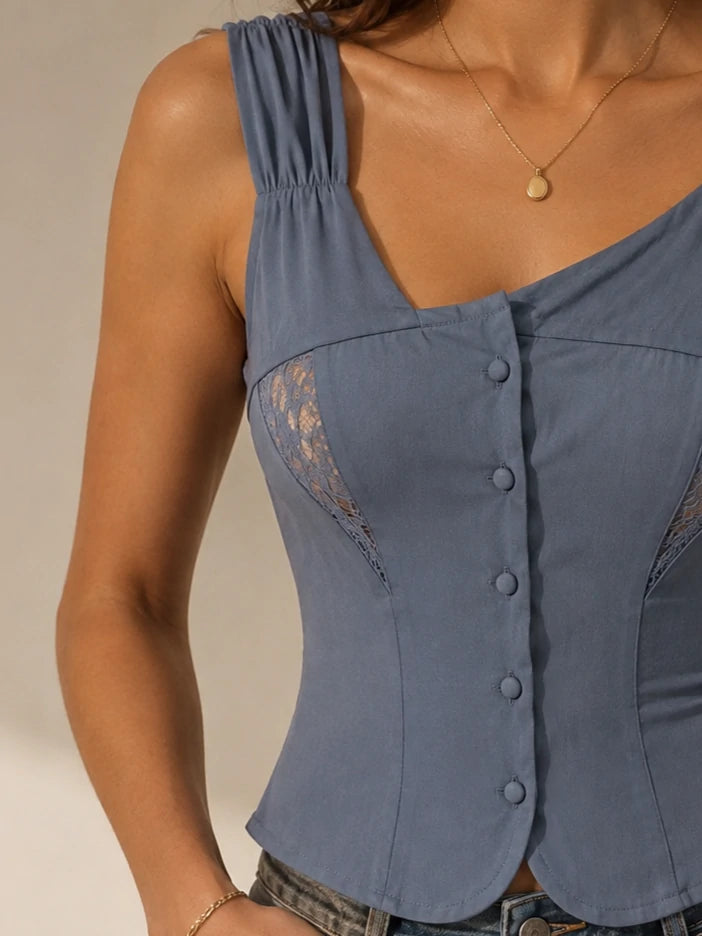Steel Blue Asymmetric One-Shoulder Lace Corset Top