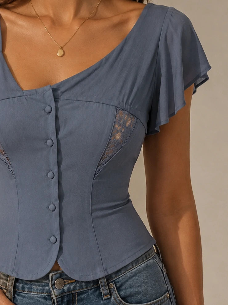 Steel Blue Asymmetric One-Shoulder Lace Corset Top