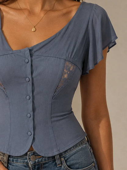 Steel Blue Asymmetric One-Shoulder Lace Corset Top