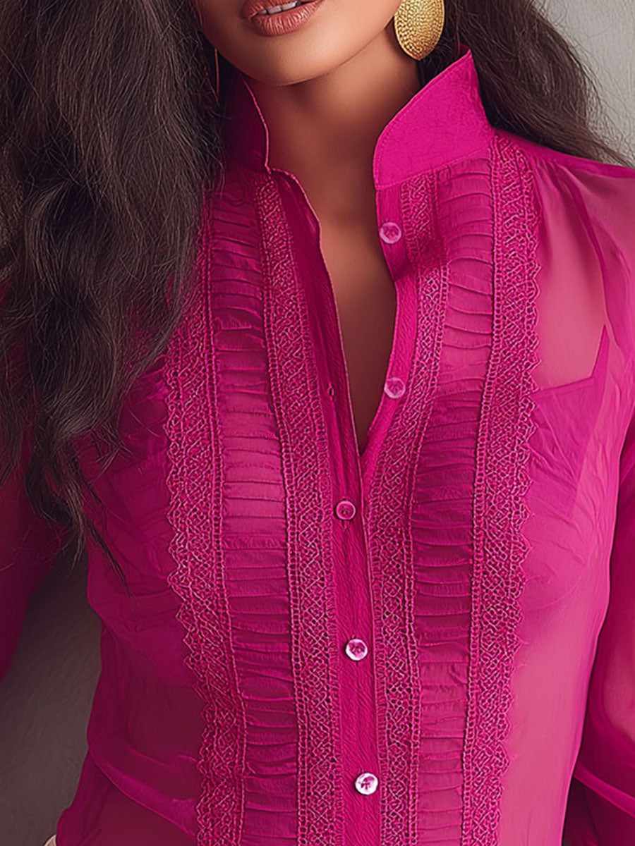 Romantic Hot Pink Sheer Pleated Lace Blouse