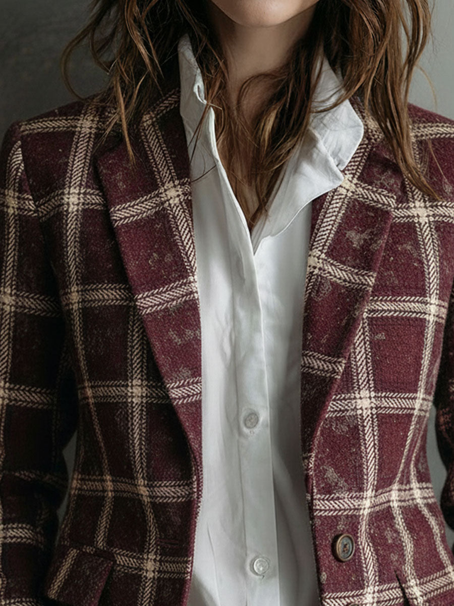 Vintage Classic Lapel Plaid Pattern Microsuede Tailored Blazer