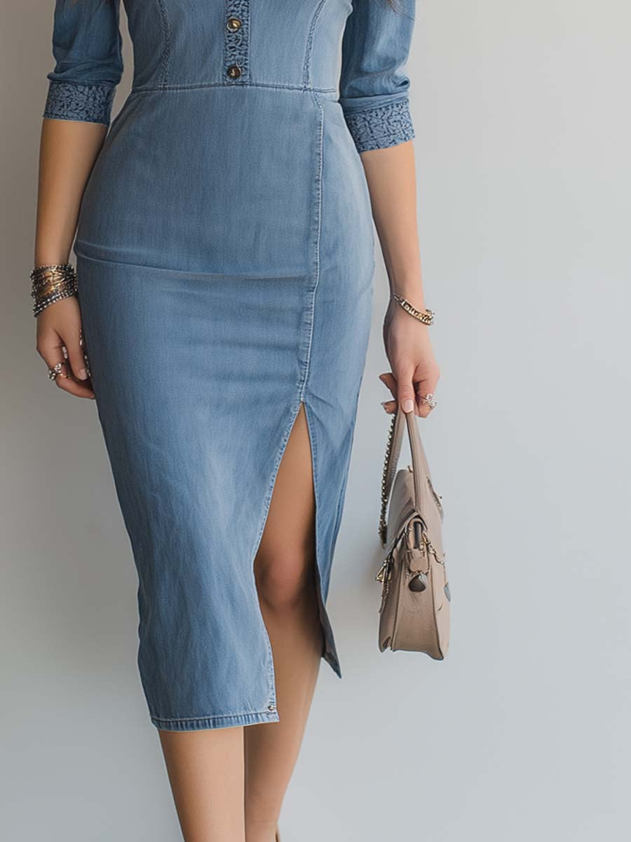 Vintage Lace Trim Split Hem Denim Midi Dress