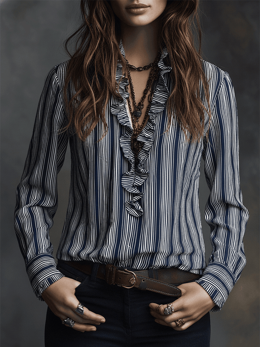 Vintage-Boho Striped Ruffle Trim Vintage Collar Blouse