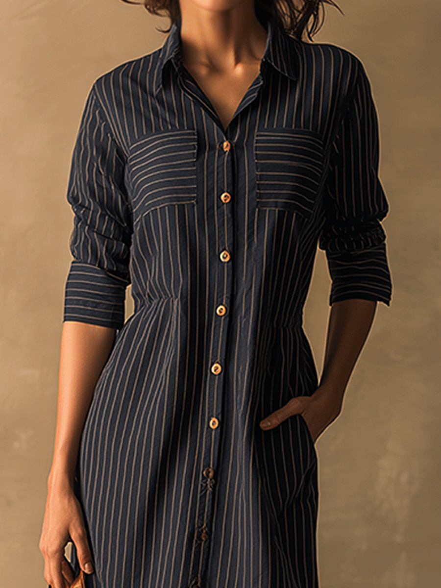 Classic Lapel Button Fit Striped Midi Dress