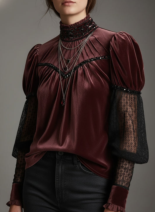Elegant Velvet & Lace Embellished High-Neck Blouse