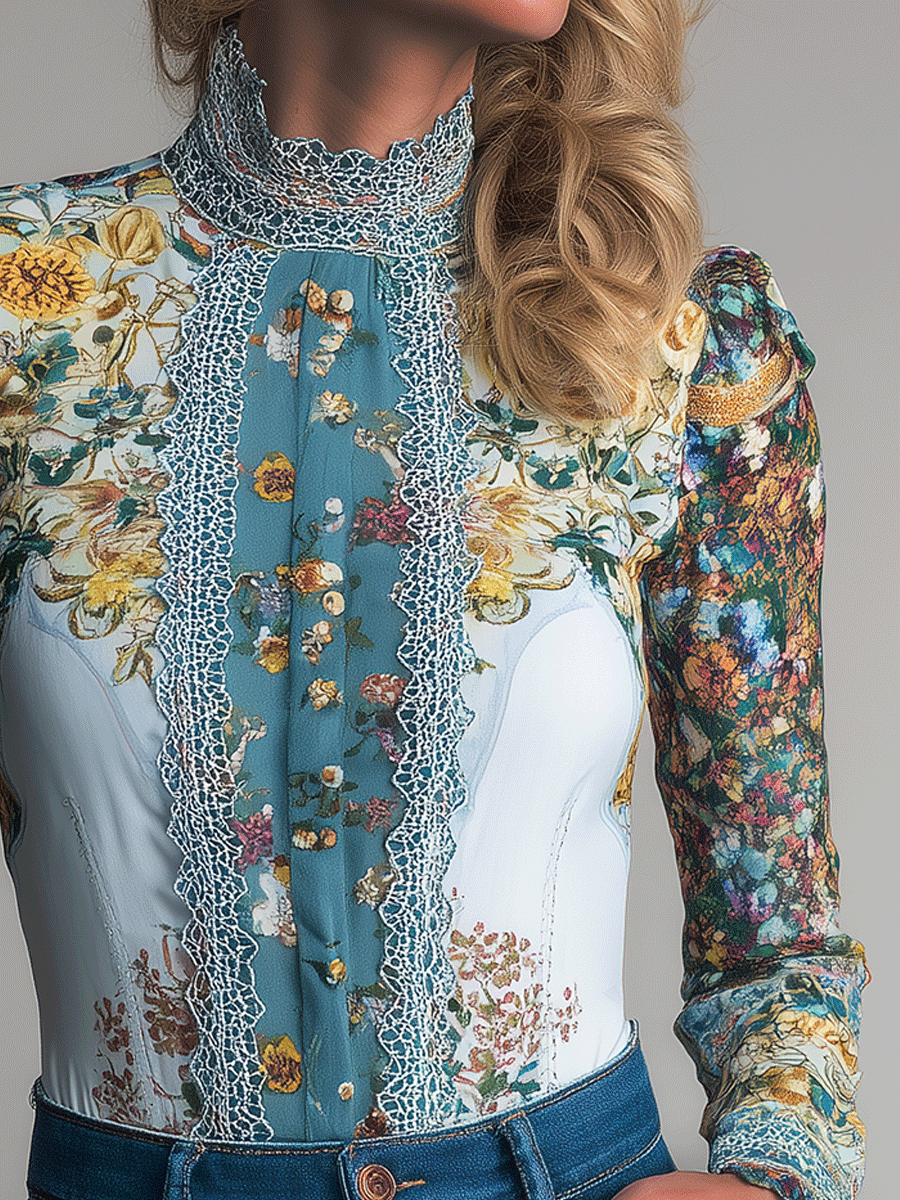 Vintage Bohemian Romantic Floral Lace High-Neck Blouse