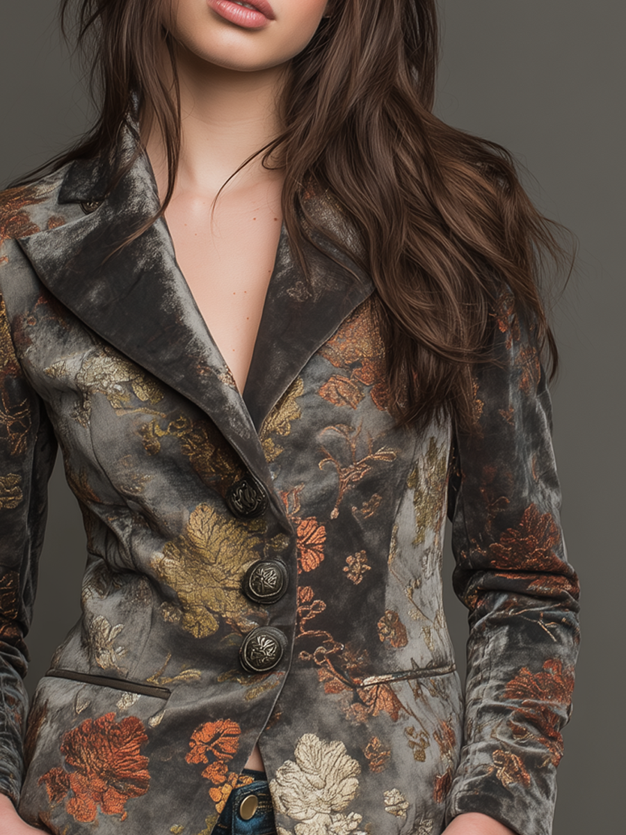 Vintage Floral Print Polyester Velvet Blazer