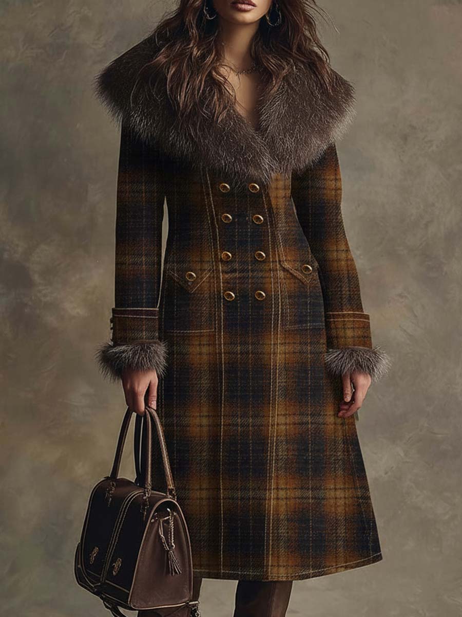 Vintage Plaid Wool-Blend Coat With Detachable Faux Fur Collar
