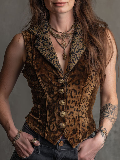 Vintage Leopard Print Gold Velvet Patchwork Vest