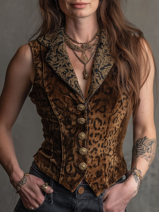 Vintage Leopard Print Gold Velvet Patchwork Vest
