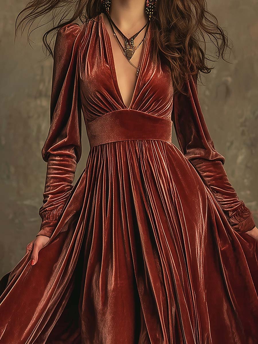 Elegant Bohemian Velvet Maxi With Draped Silhouette