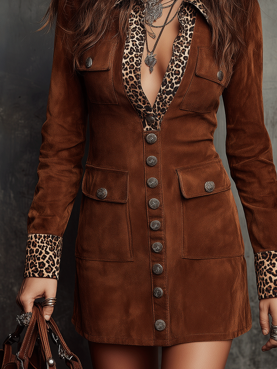 Vintage Suede With Leopard Trim Mini Dress