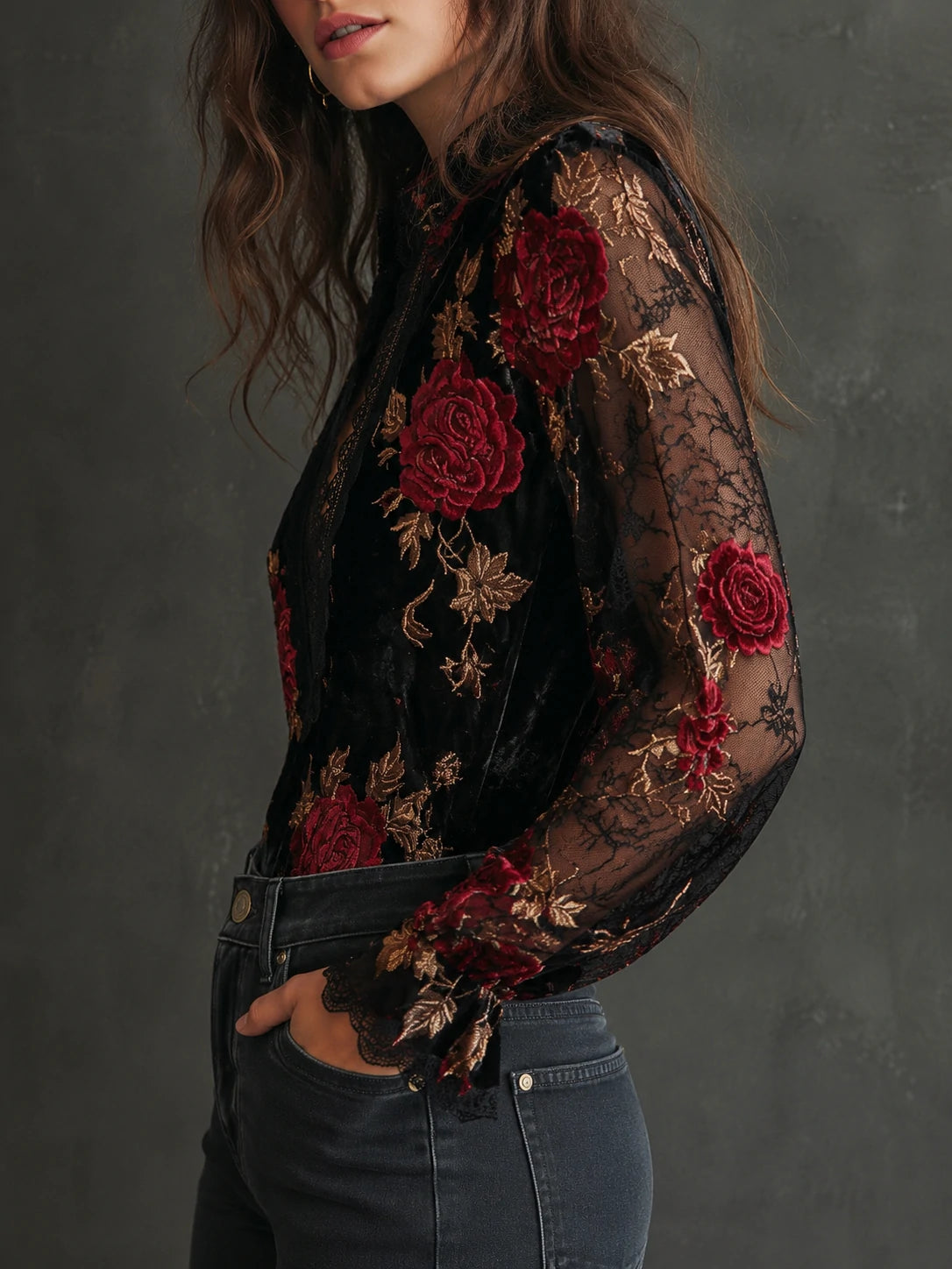 Retro Lace Stitching Velvet Rose Print Lantern Sleeves Blouse