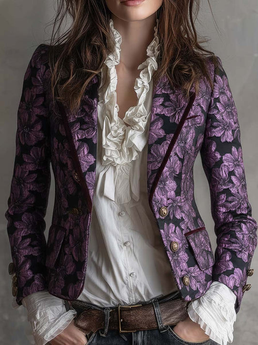 Purple Jacquard Velvet Blazer With Vintage Gold Buttons