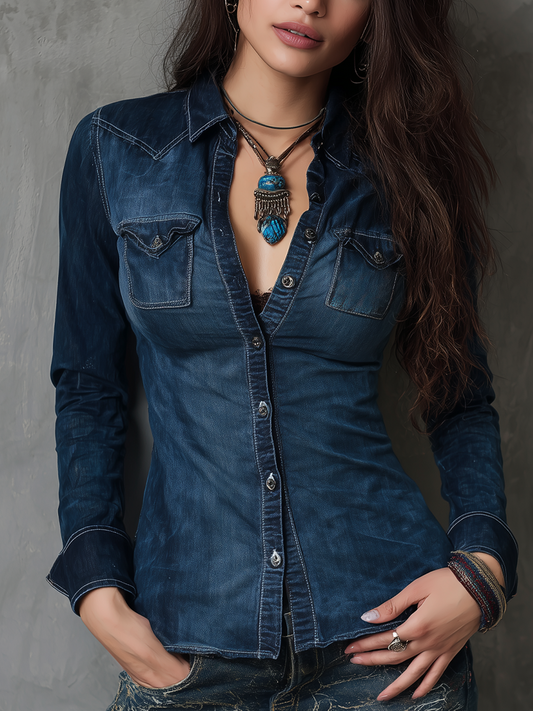 Retro Contrast Stitching Washed Long Sleeve Blouse