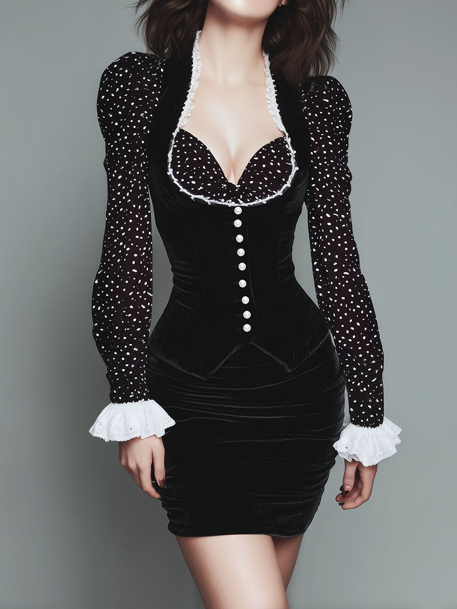 Elegant Polka Dot Velvet Bodycon Mini Dress With Lace Trim