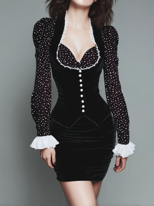 Elegant Polka Dot Velvet Bodycon Mini Dress With Lace Trim