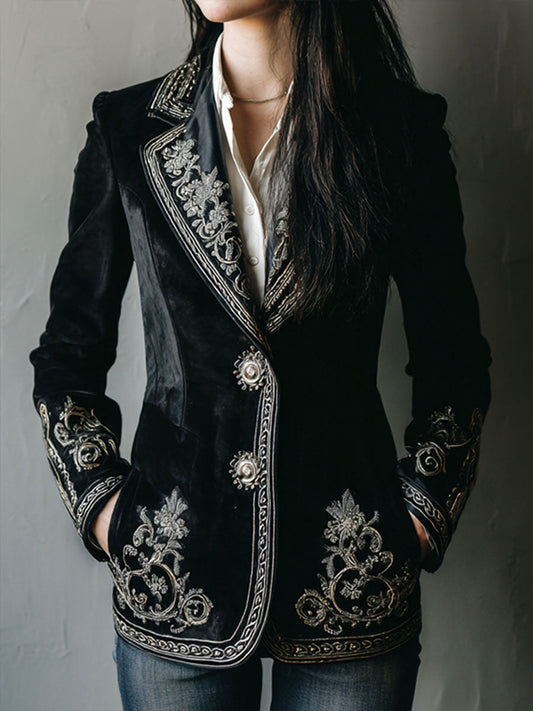 Vintage Black Velvet Metallic Baroque Embroidered Tailored Jacket