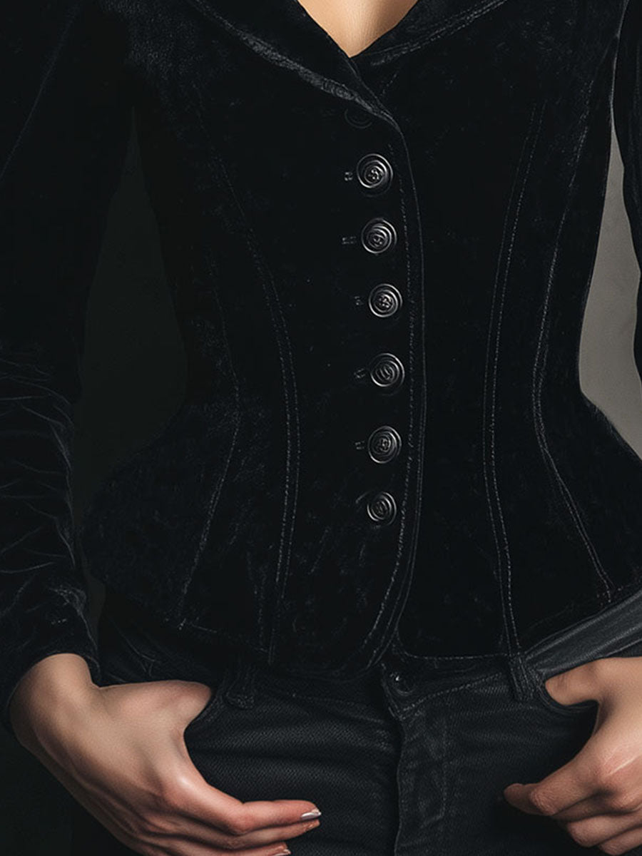 Black Velvet Fitted Gothic Tailored Jacket With Button