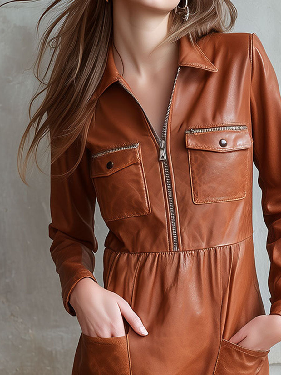 Vintage Brown Eco Leather Zip Front Shirt Dress With Pockets