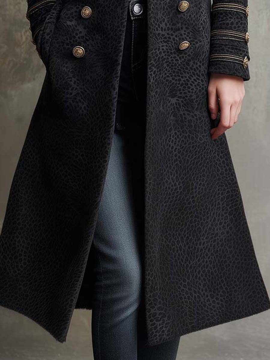 Black Printed Suede Long Coat With Faux Fur Collar & Gold Buttons