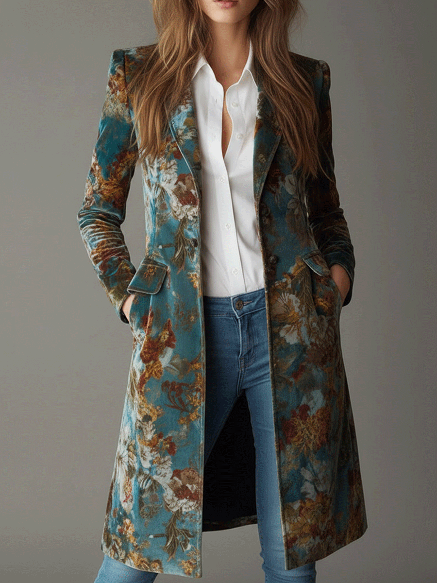 Vintage Floral Jacquard Velvet Teal Coat