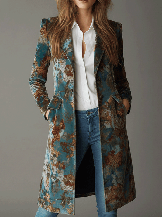 Vintage Floral Jacquard Velvet Teal Coat