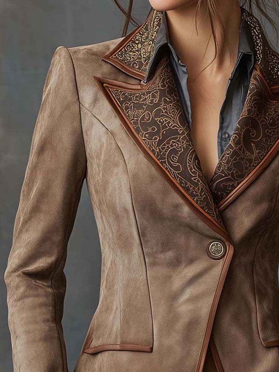 Vintage Taupe Suede Blazer With Printed Lapel