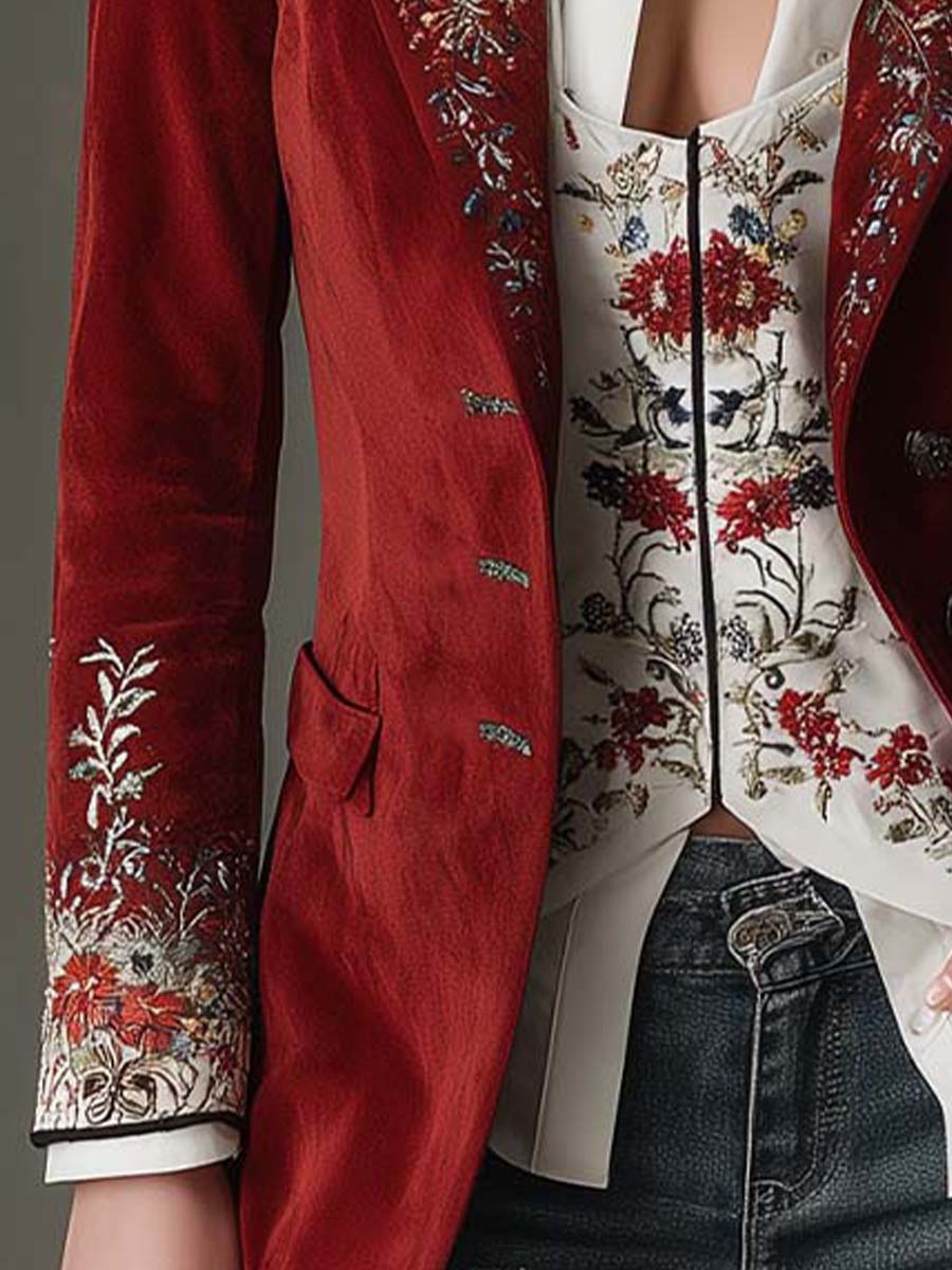 Regal Bohemian Elegance Embroidered Suede Long Blazer