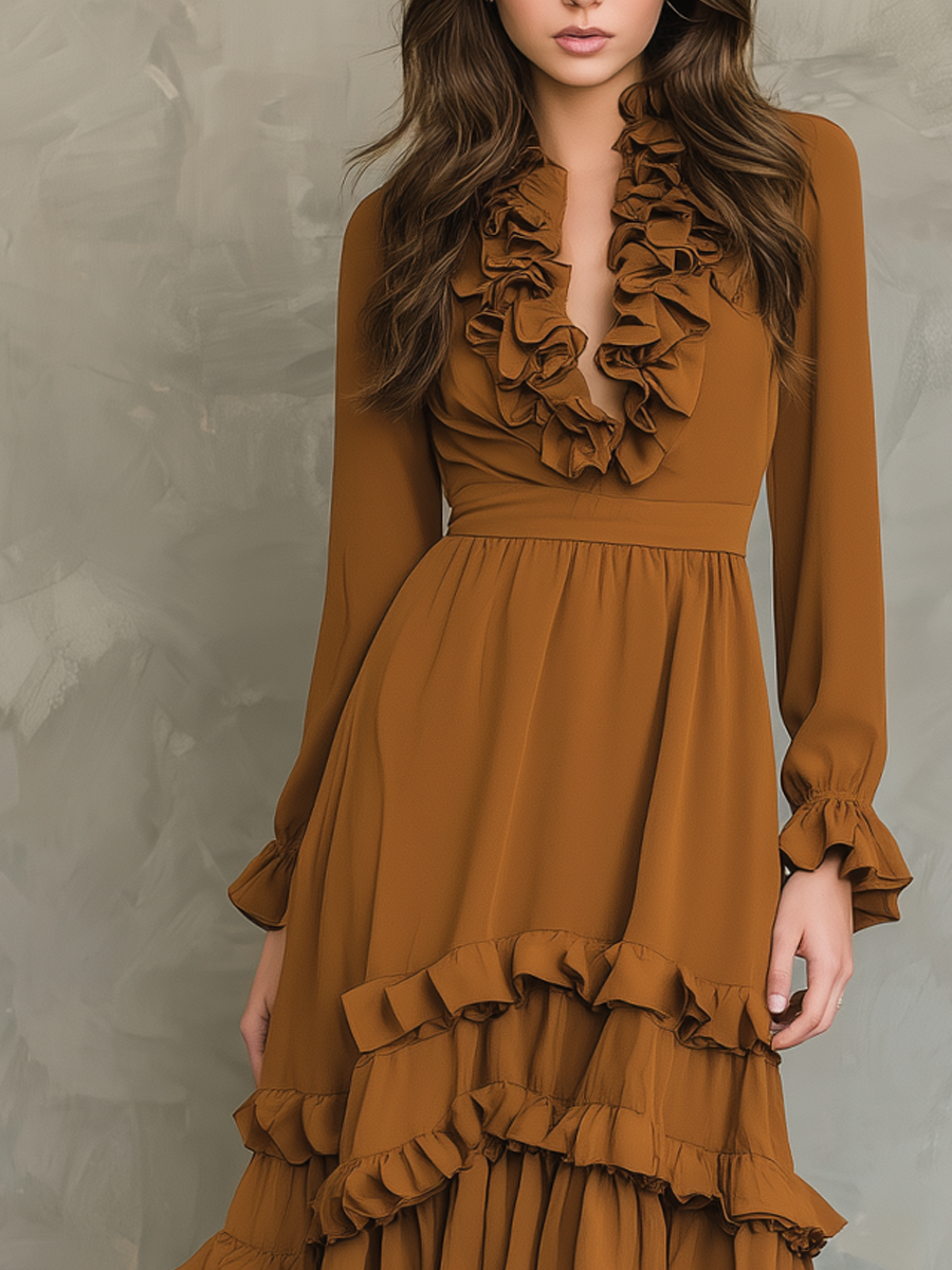 Retro Ruffle Neck Long-sleeved Midi Dress