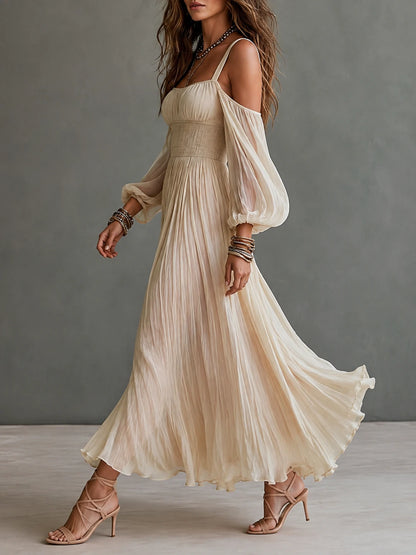 Boho Cold Shoulder Smocked Waist Pleated Midi Dress