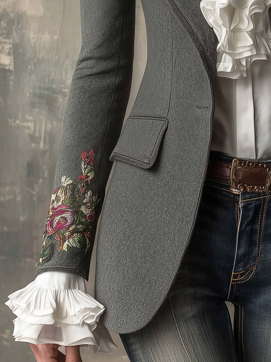Vintage Wool-Blend Embroidered Tailored Blazer With Ruffled Cuffs