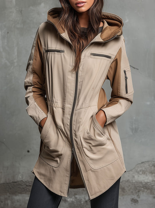 Khaki & Brown Utility Hooded Cargo Parka Jacket With Multipel Pockets