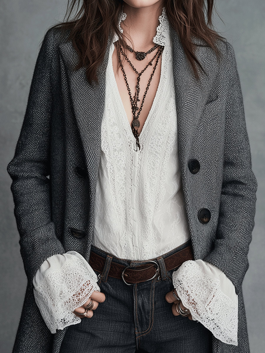 Classic Grey Herringbone Wool Blend Double-Breasted Long Coat