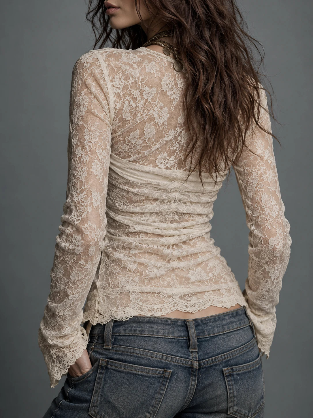 Vintage Cowl Neck Lace Long Sleeve Blouse