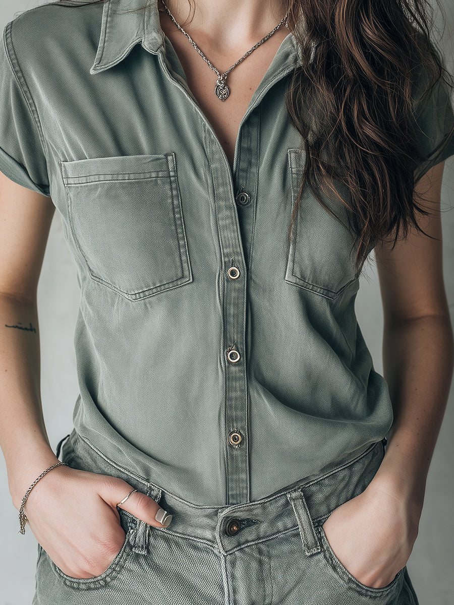 Bohemian Washed Slim Fit Short Sleeve Blouse